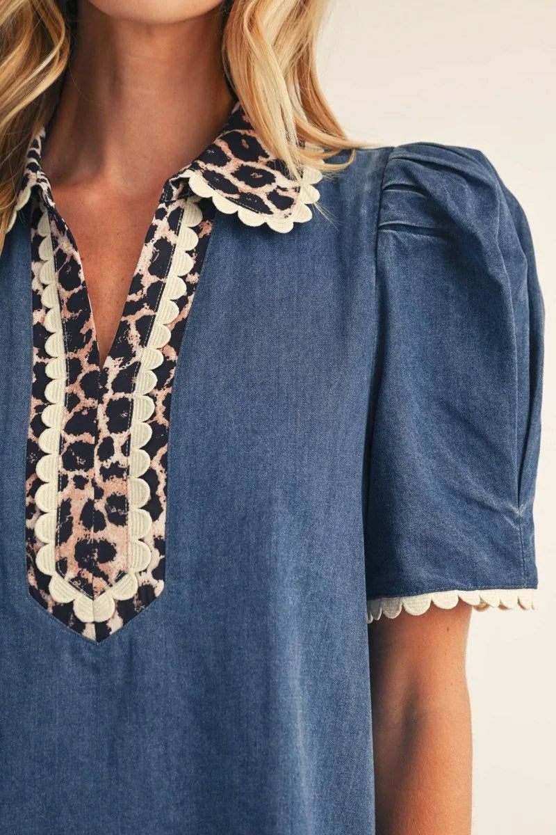 Leopard Collar Denim Dress
