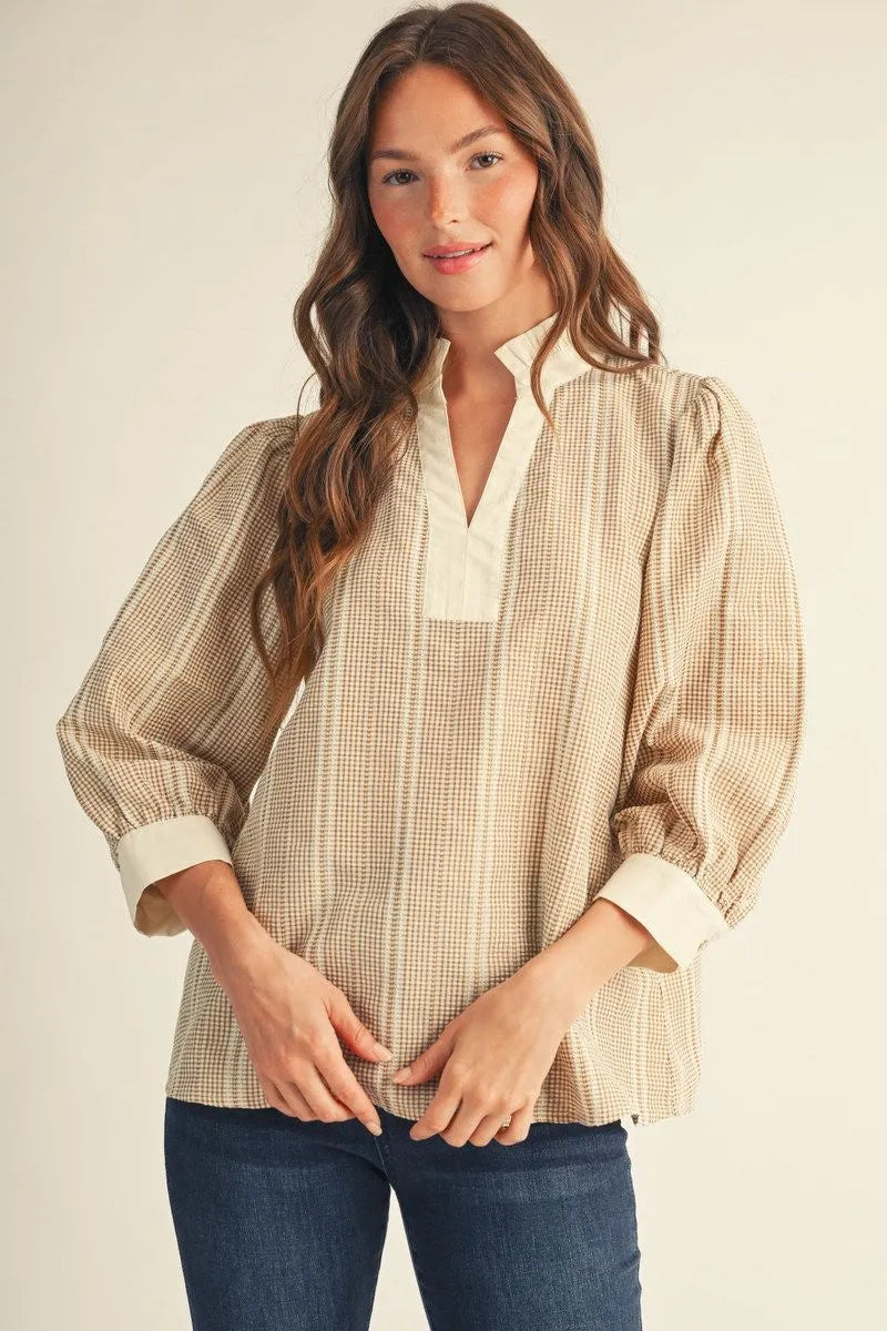 Taupe Gingham Check Top