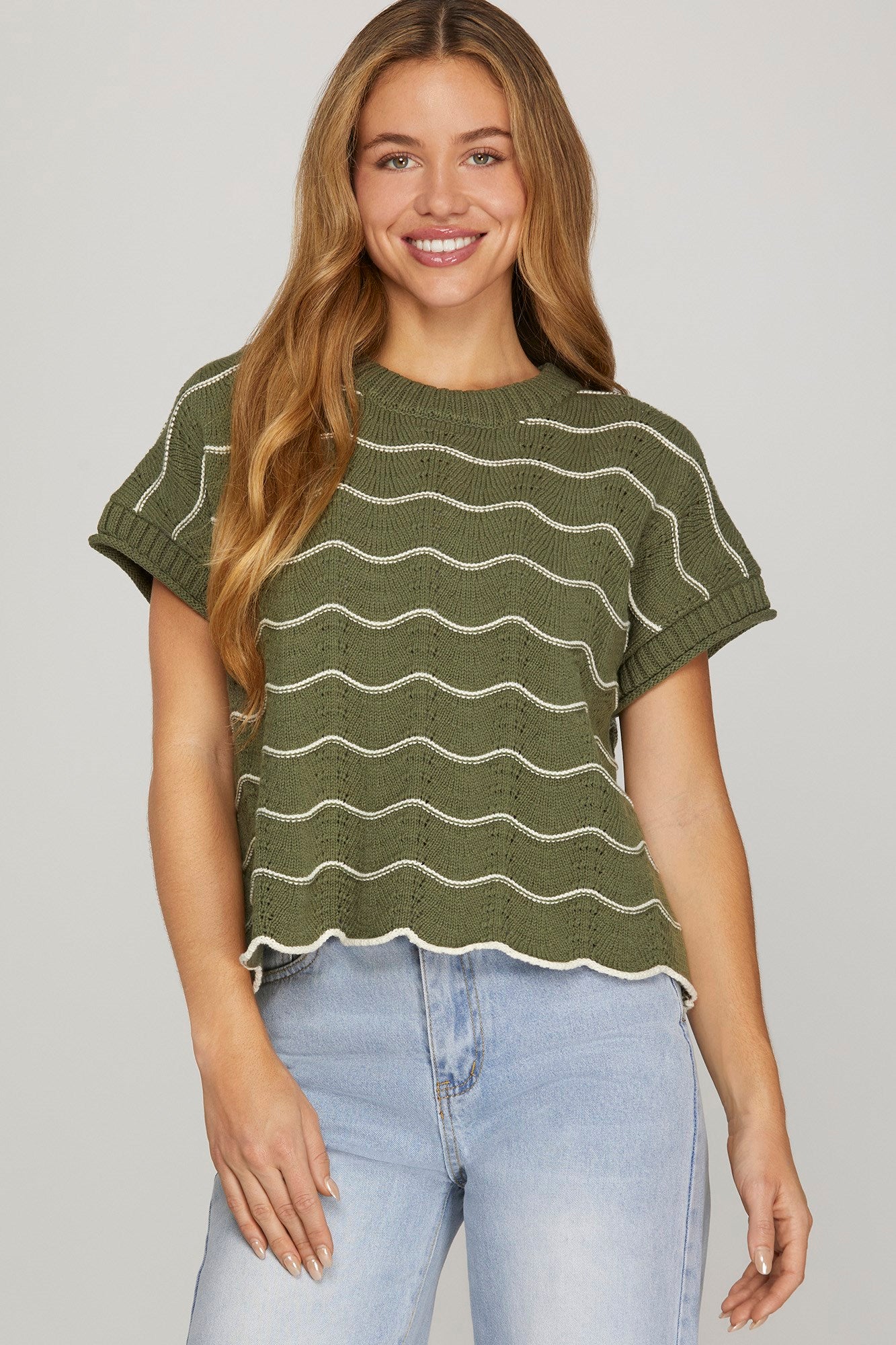 Olive Striped Scallop Knit Sweater