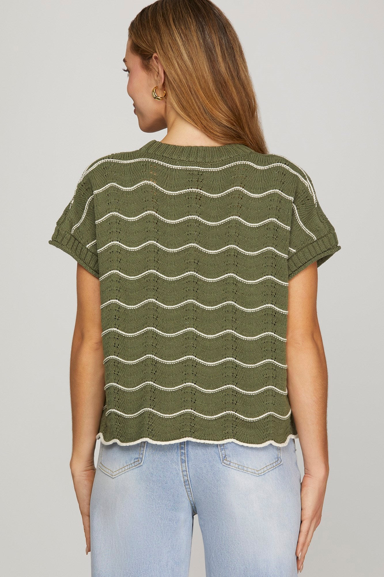 Olive Striped Scallop Knit Sweater