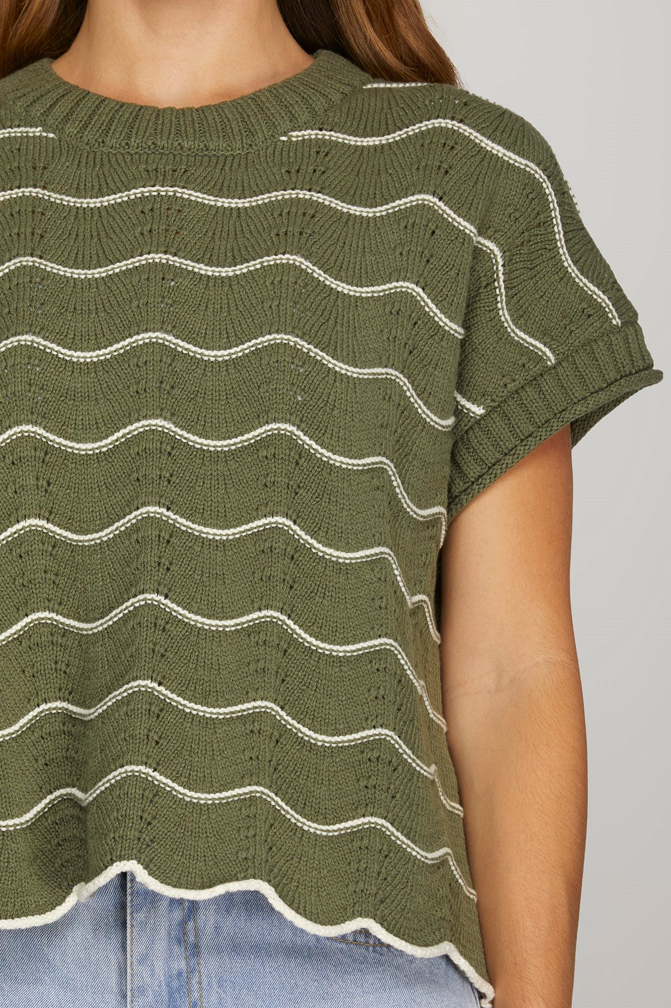 Olive Striped Scallop Knit Sweater