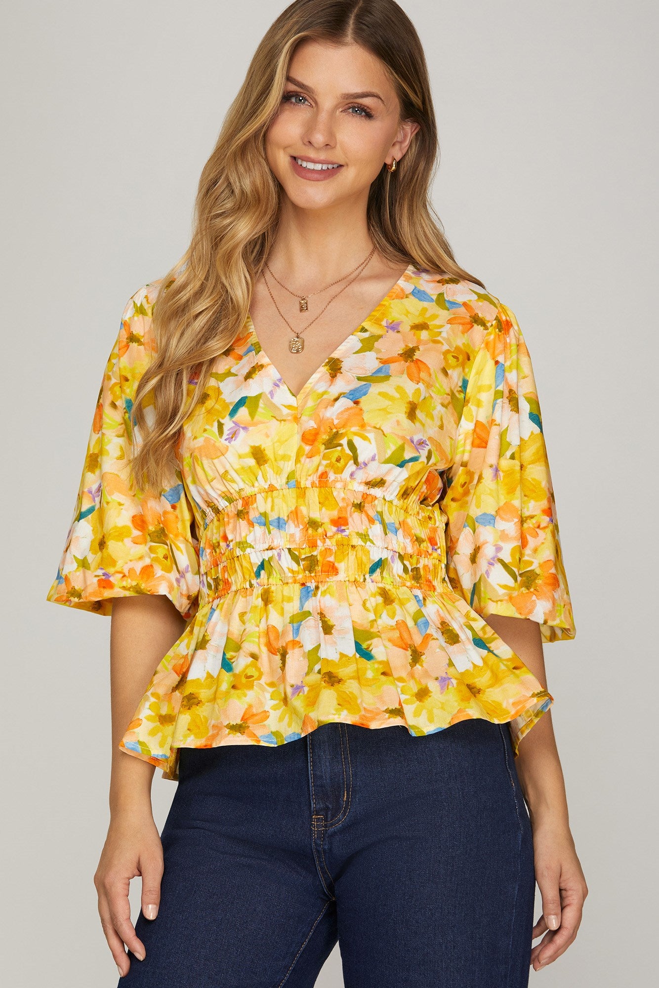 Yellow Floral Smocked Top