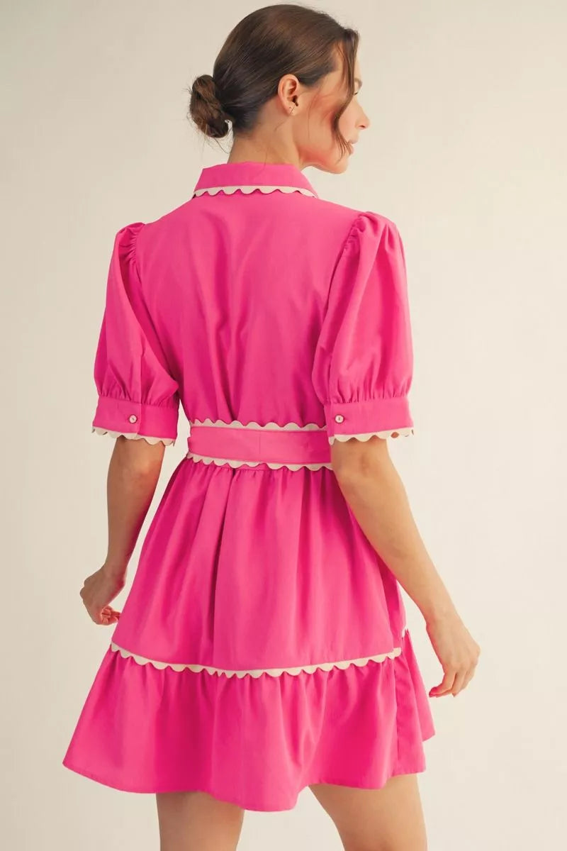 Pink Scallop Puff Sleeve Dress