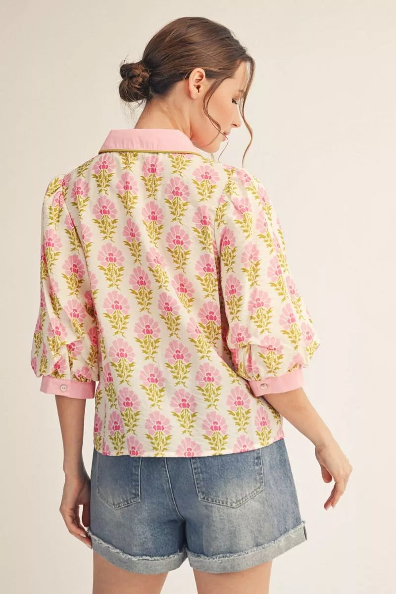 Pink Floral Pipping Top