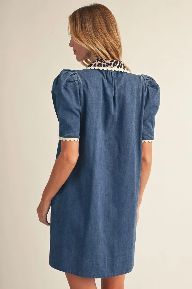 Leopard Collar Denim Dress