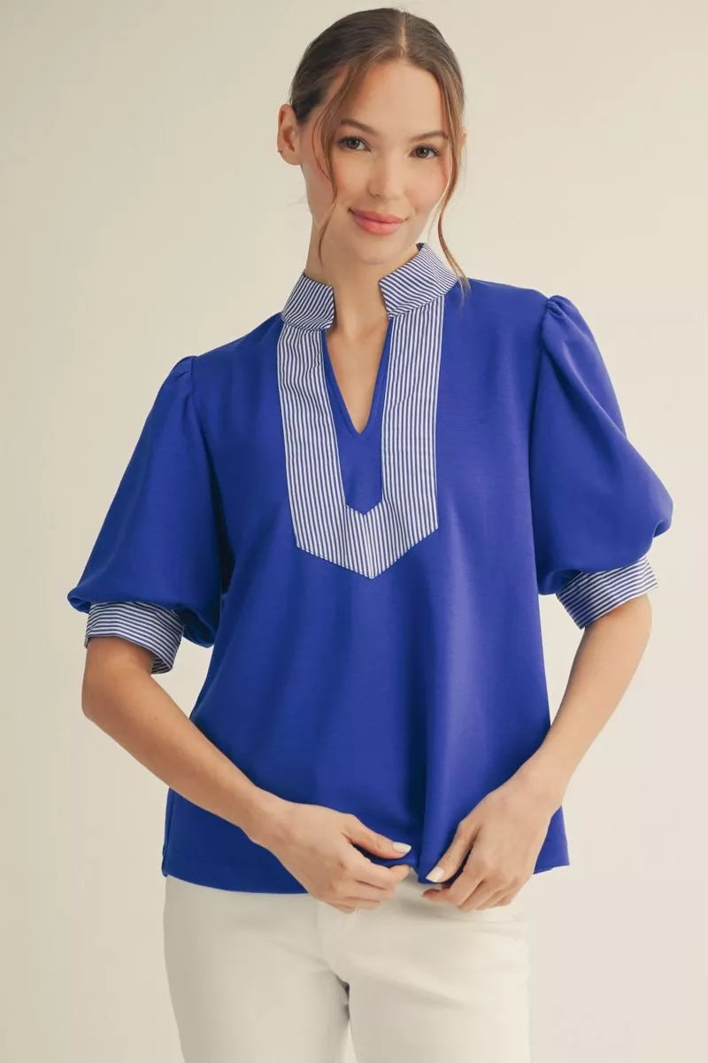 Puff Sleeve Striped Collar Top