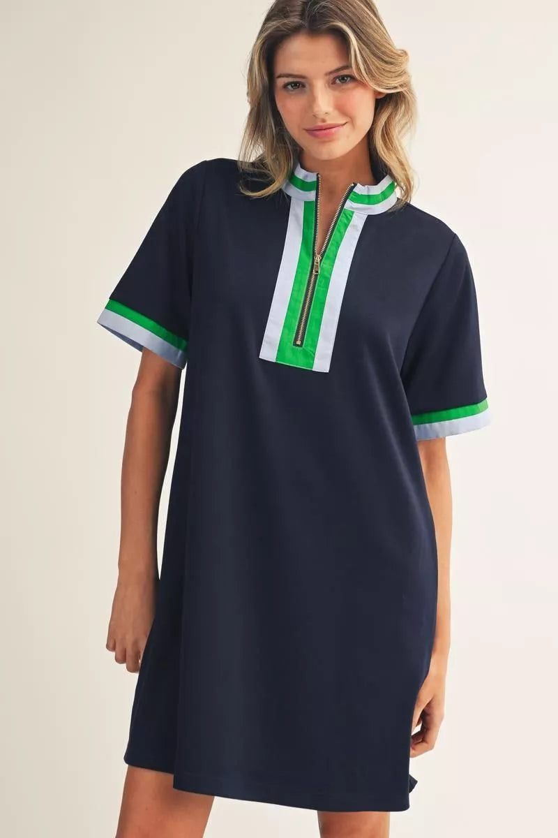 Navy/Green Zip Up Dress