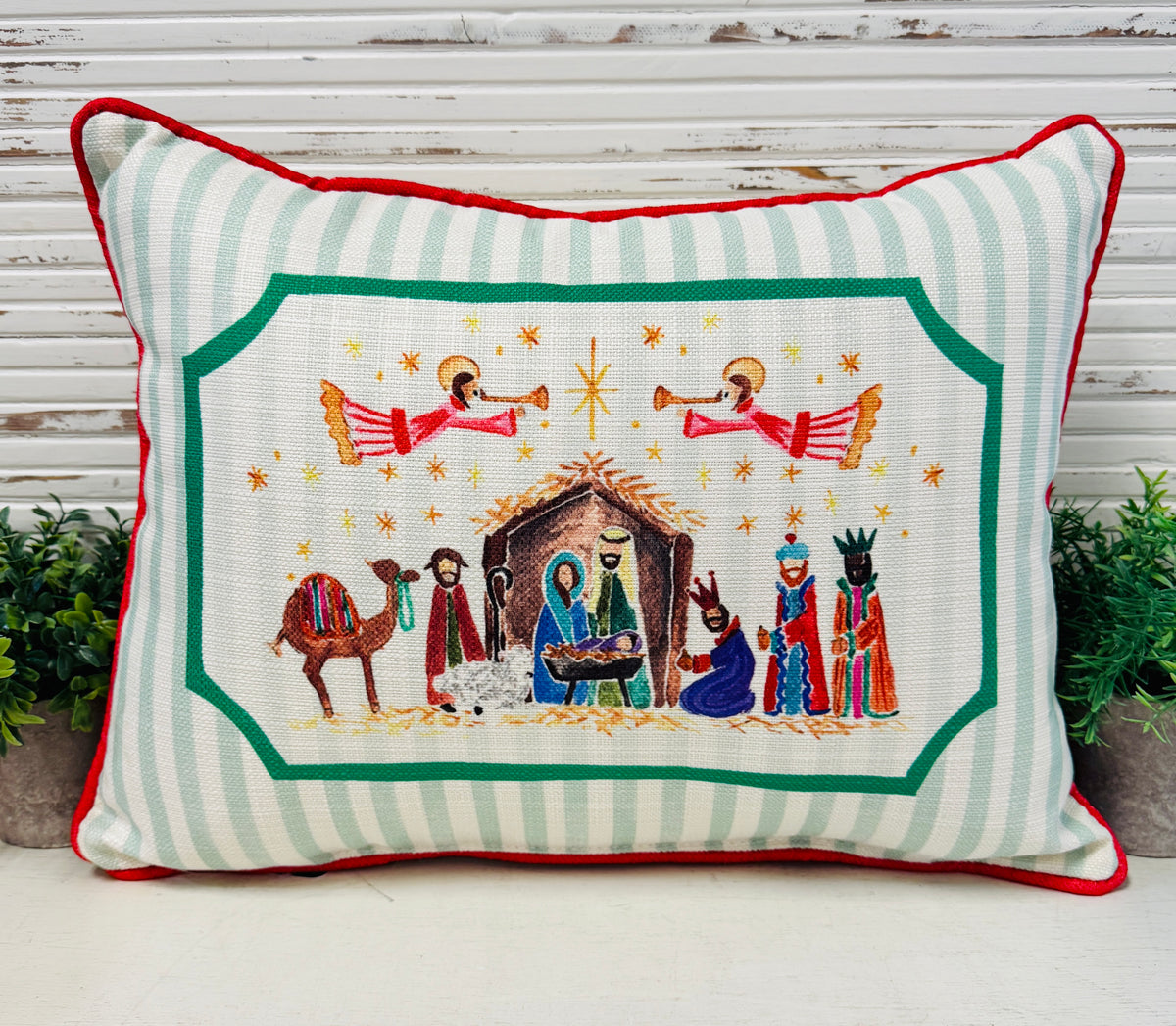 Nativity Scene Striped Pillow