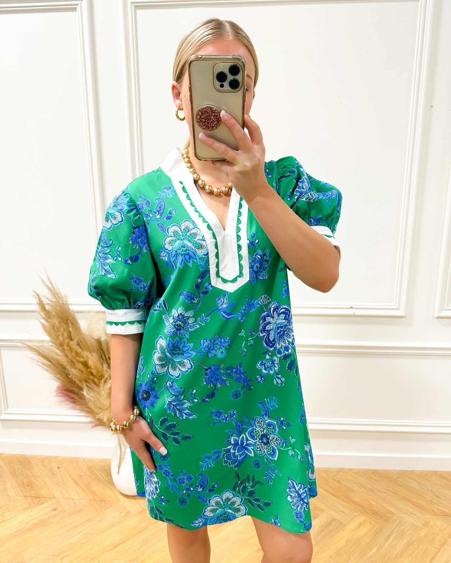 Green Floral Scallop Dress