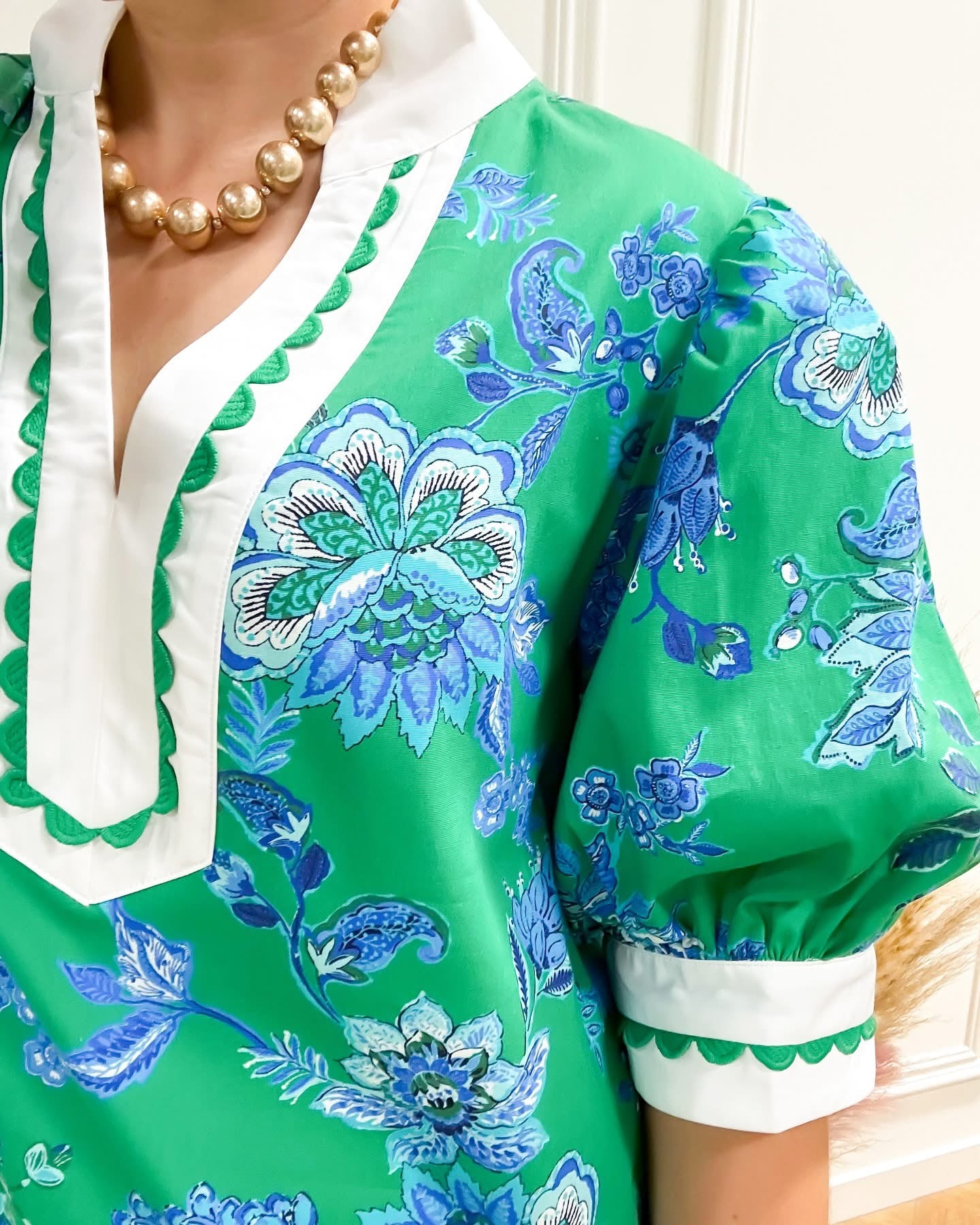 Green Floral Scallop Dress
