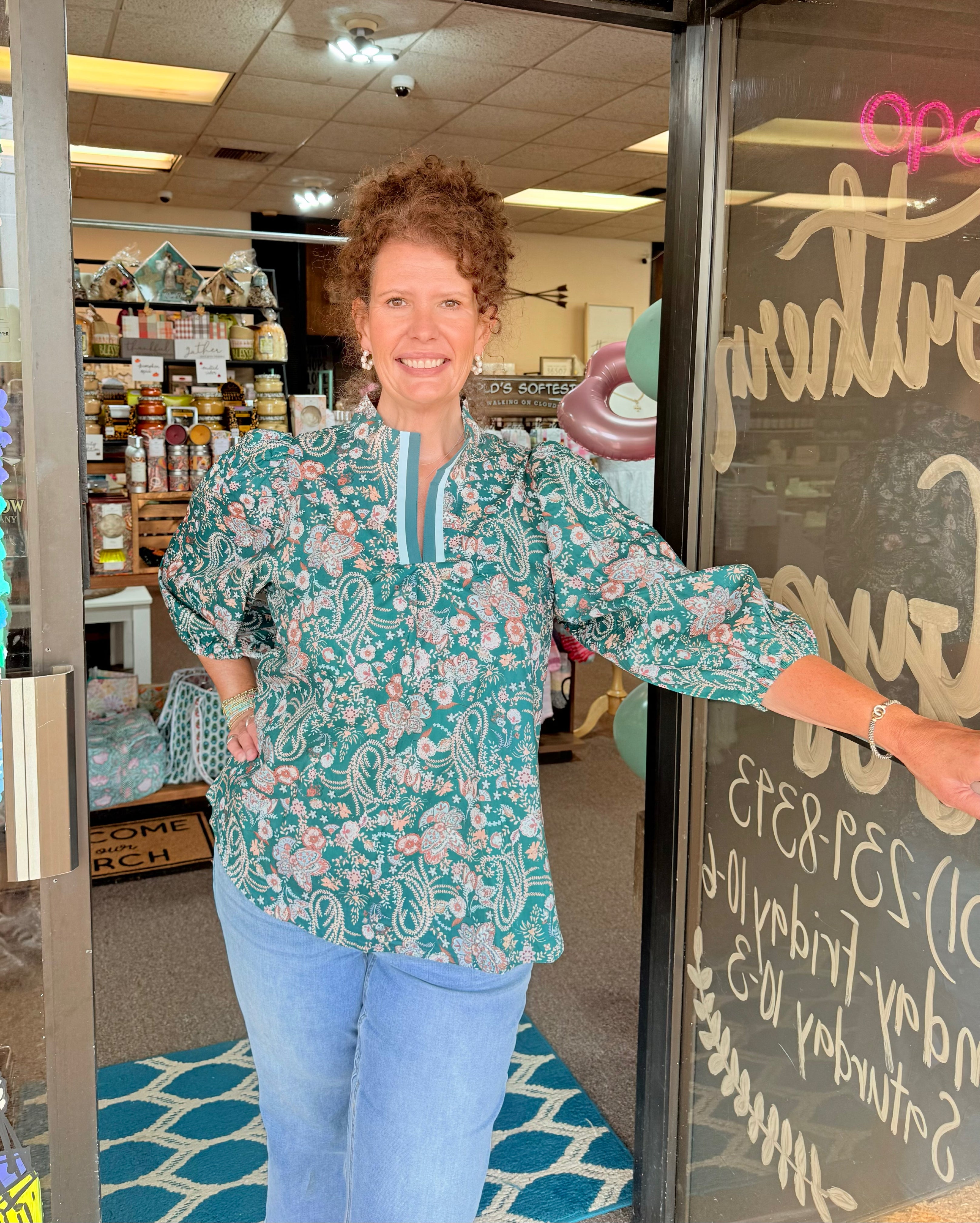 Teal Floral Puff Top