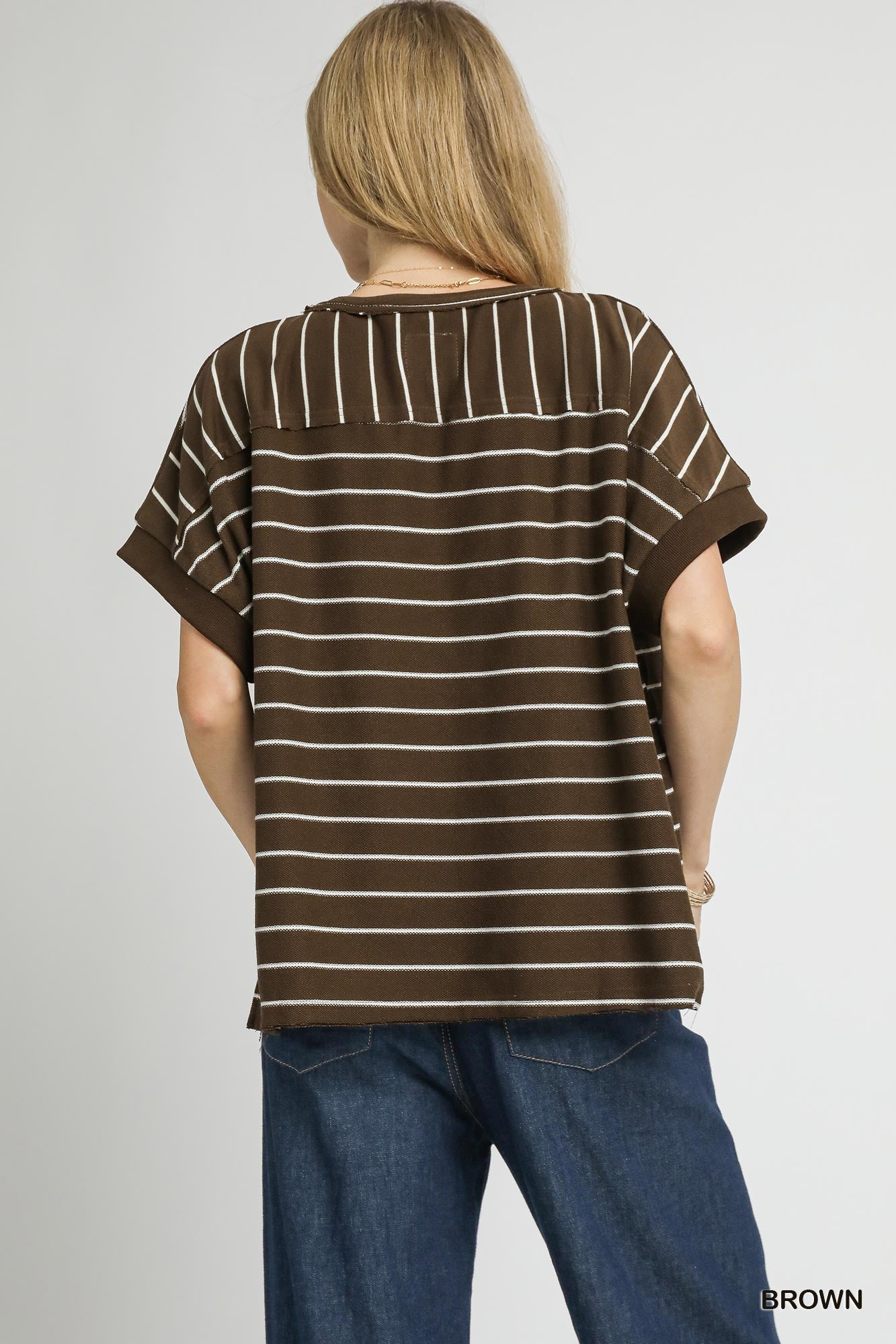 Brown Striped Rolled Sleeve Top