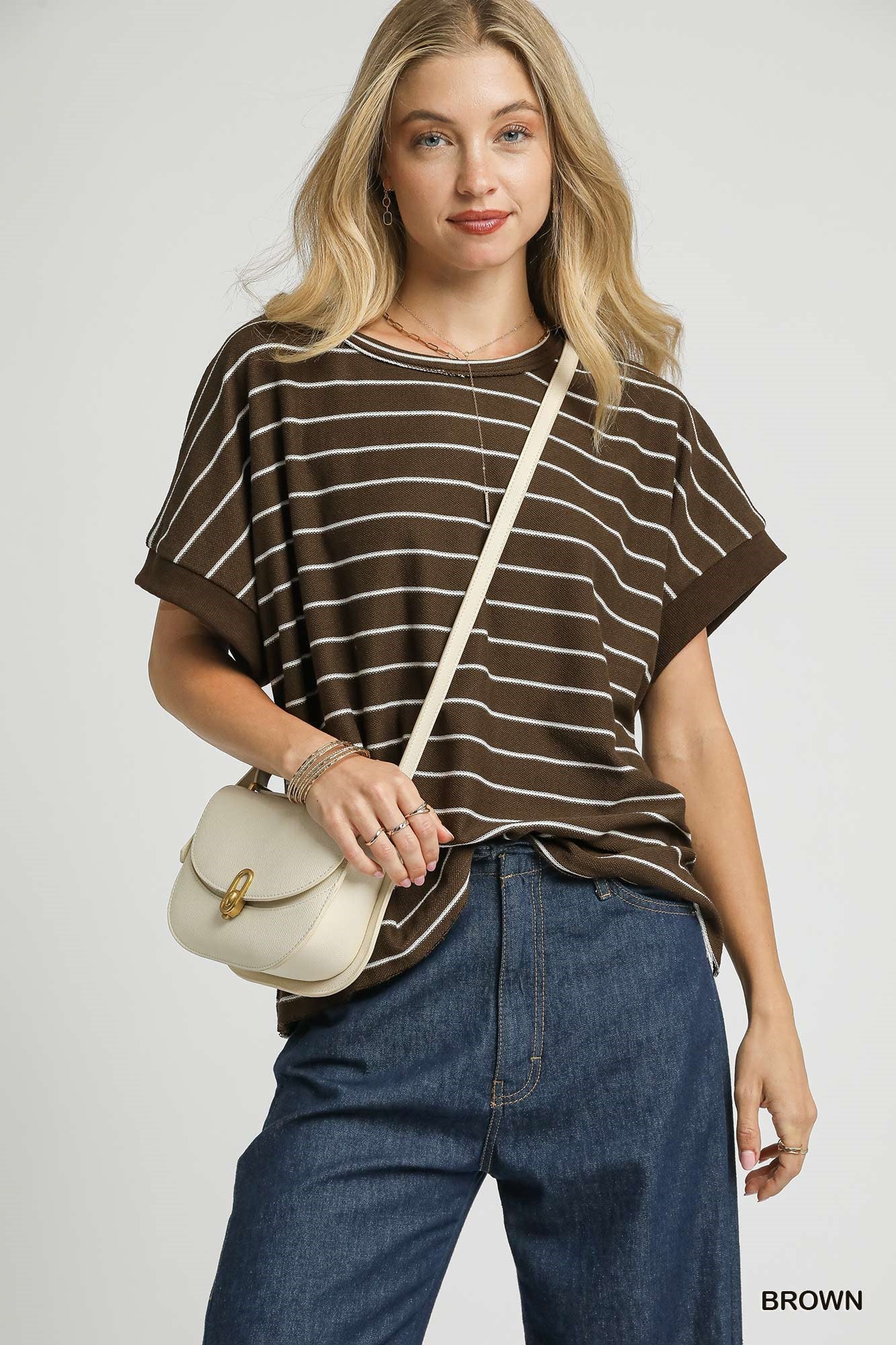 Brown Striped Rolled Sleeve Top