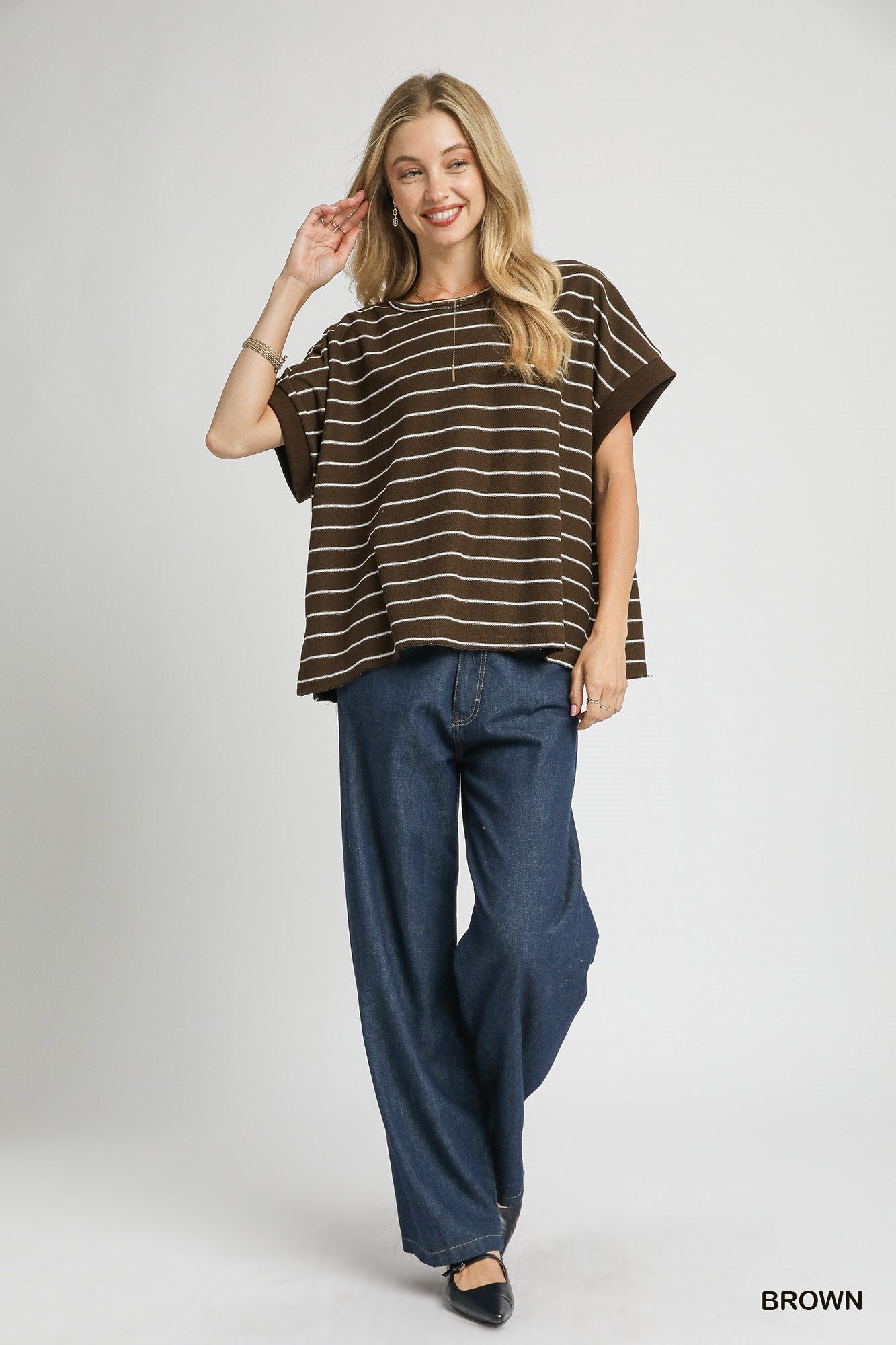 Brown Striped Rolled Sleeve Top