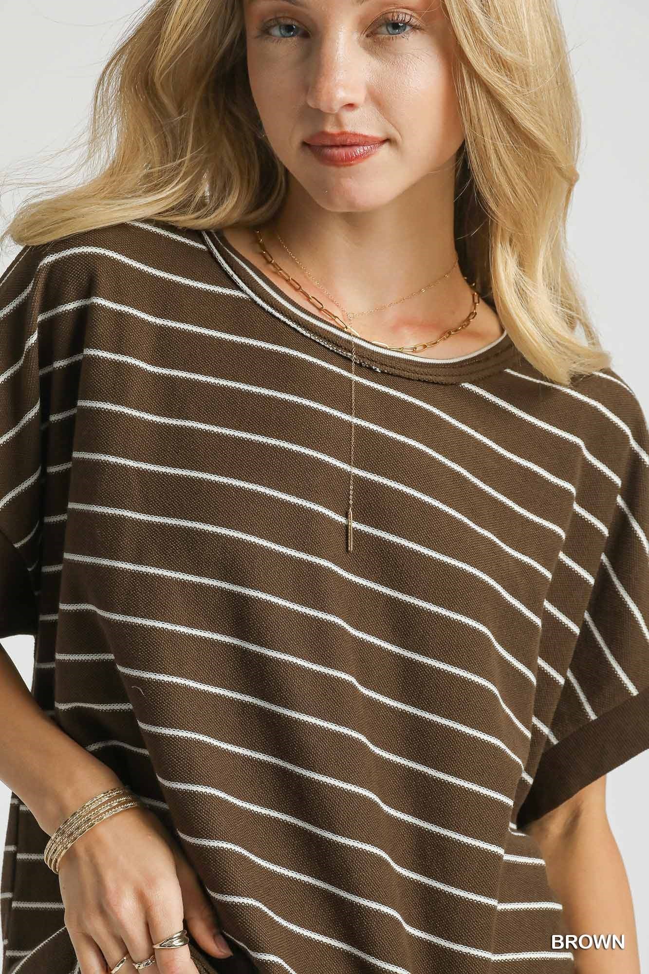 Brown Striped Rolled Sleeve Top