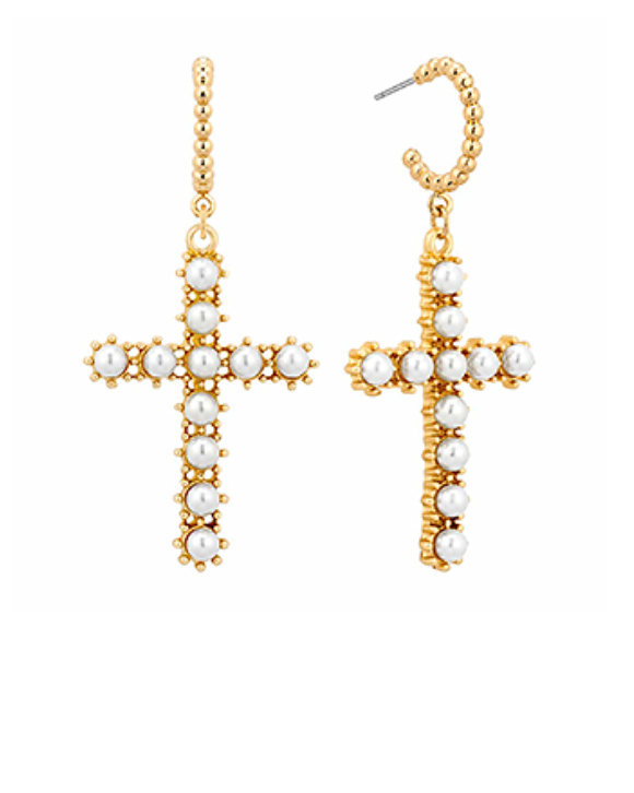 Pearl Cross Dangling Hoops