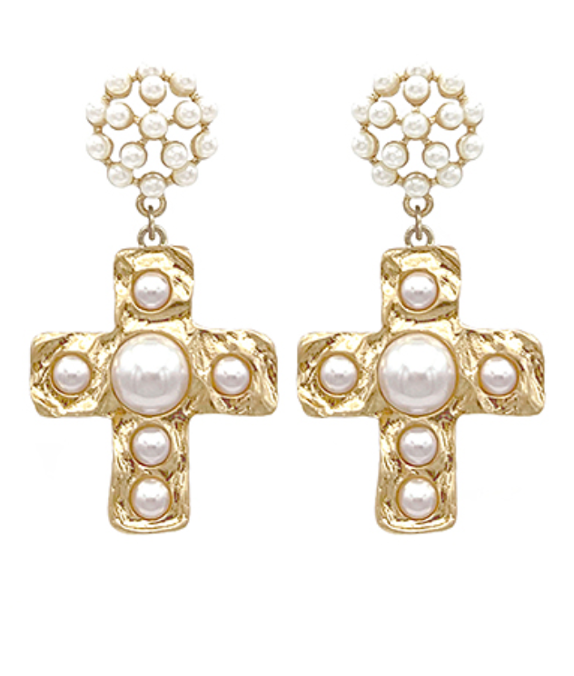 Pearl Cross Drop Earrings