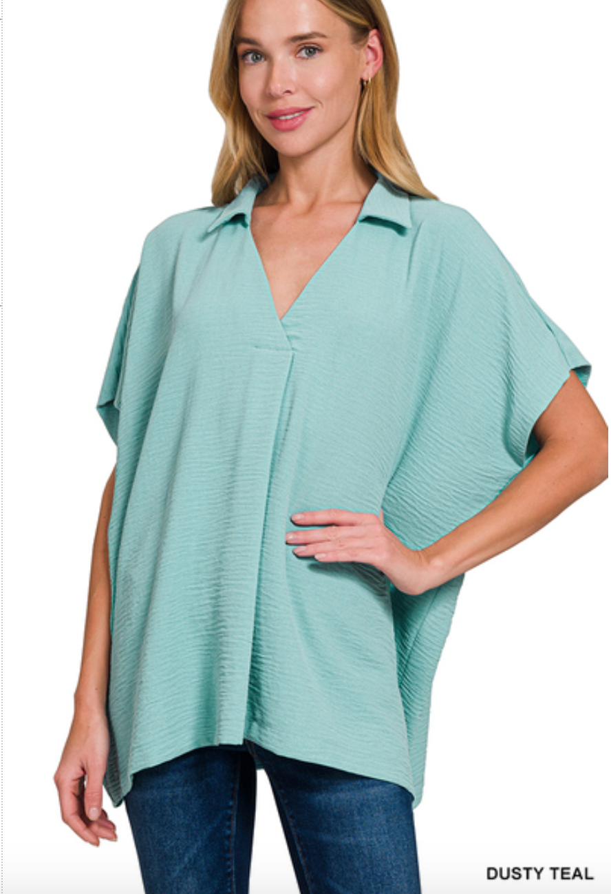 Woven Collared V-Neck Top