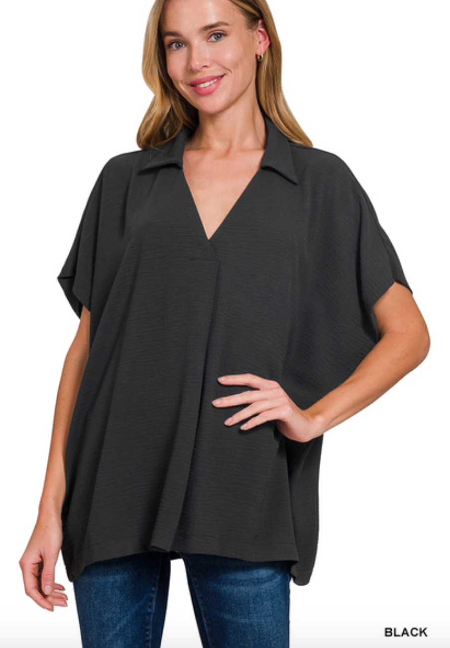 Woven Collared V-Neck Top