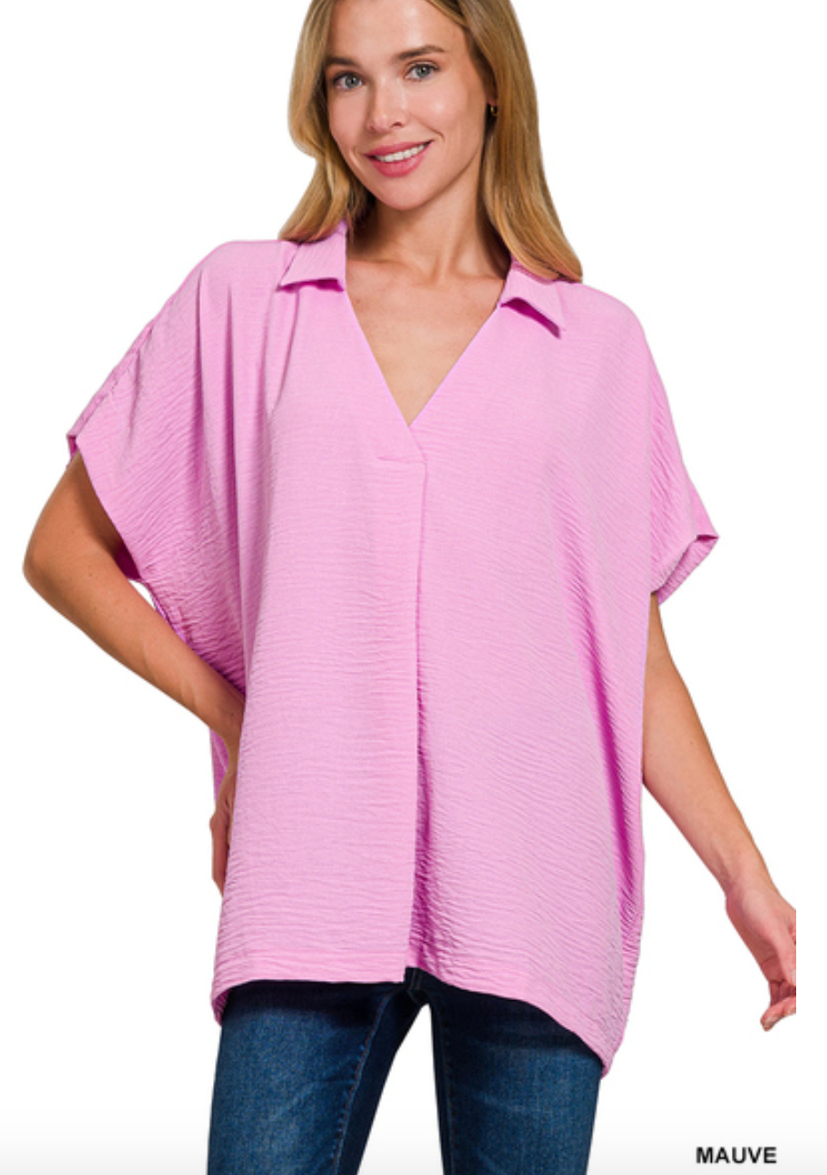 Woven Collared V-Neck Top
