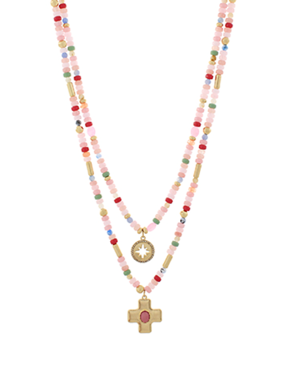 Cross Charm Layered Bead Necklace