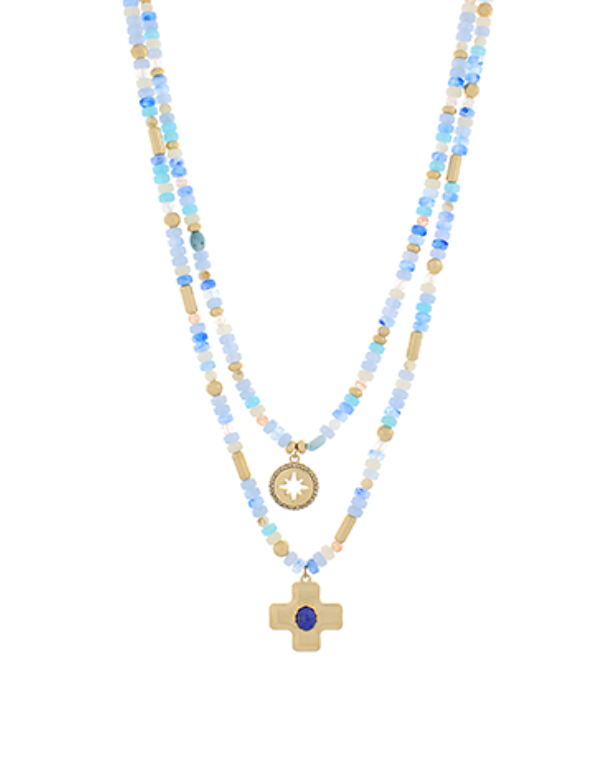 Cross Charm Layered Bead Necklace