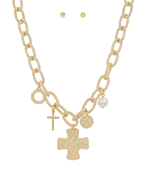 Hammered Cross & Pearl Necklace