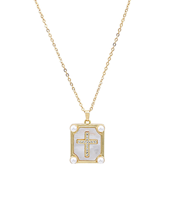 Pearl Cross Rectangle Necklace