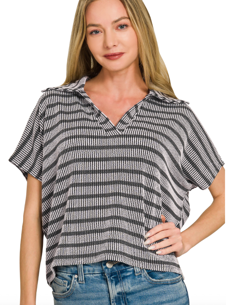 Raised Rib Striped Collared Top
