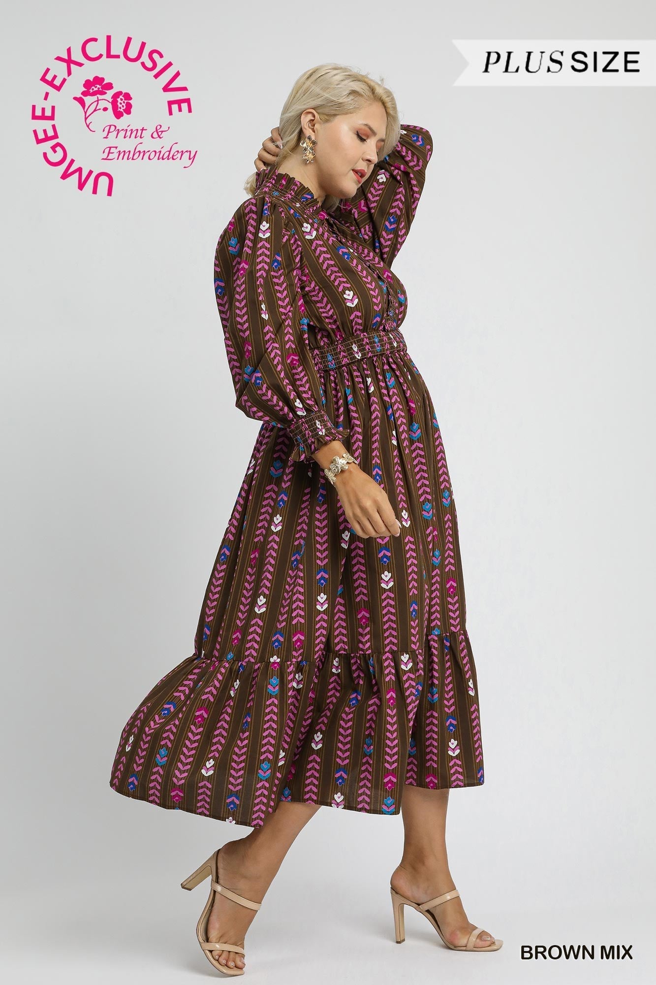 Brown Printed Midi Dress