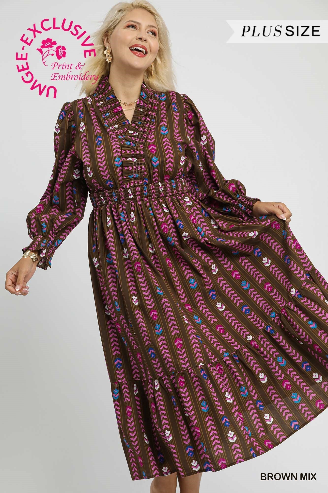 Brown Printed Midi Dress