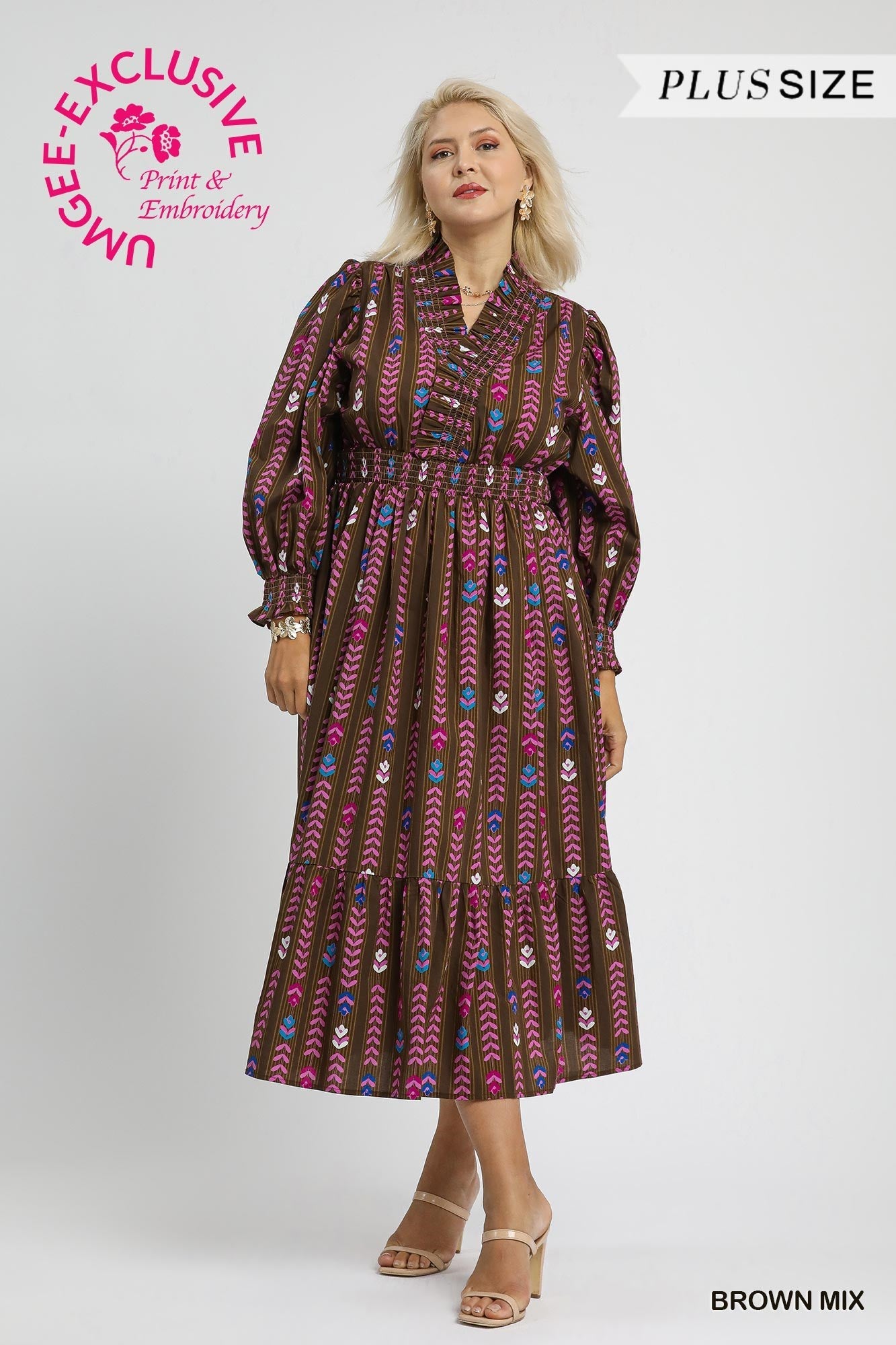 Brown Printed Midi Dress
