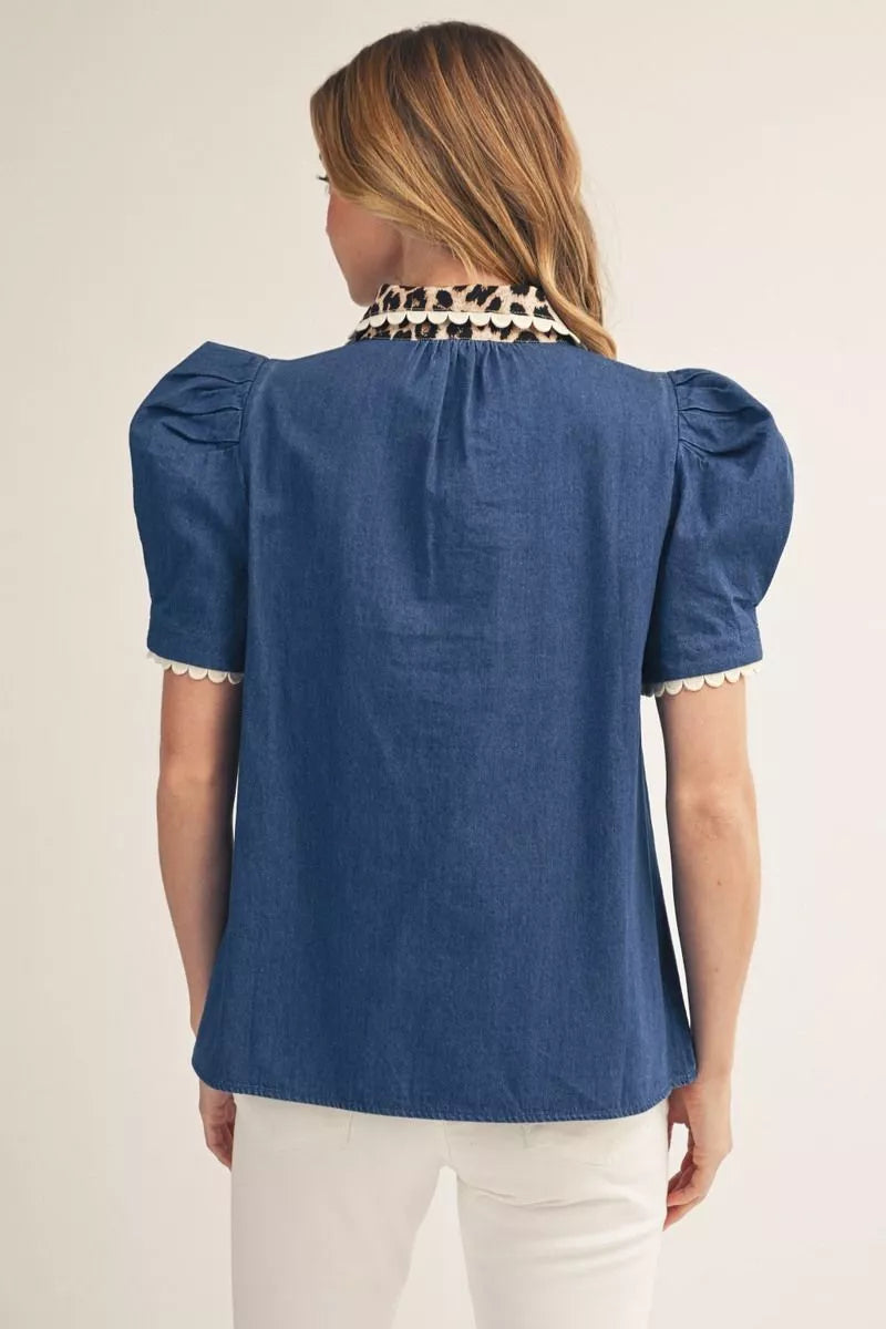 Denim Scallop Leopard Top