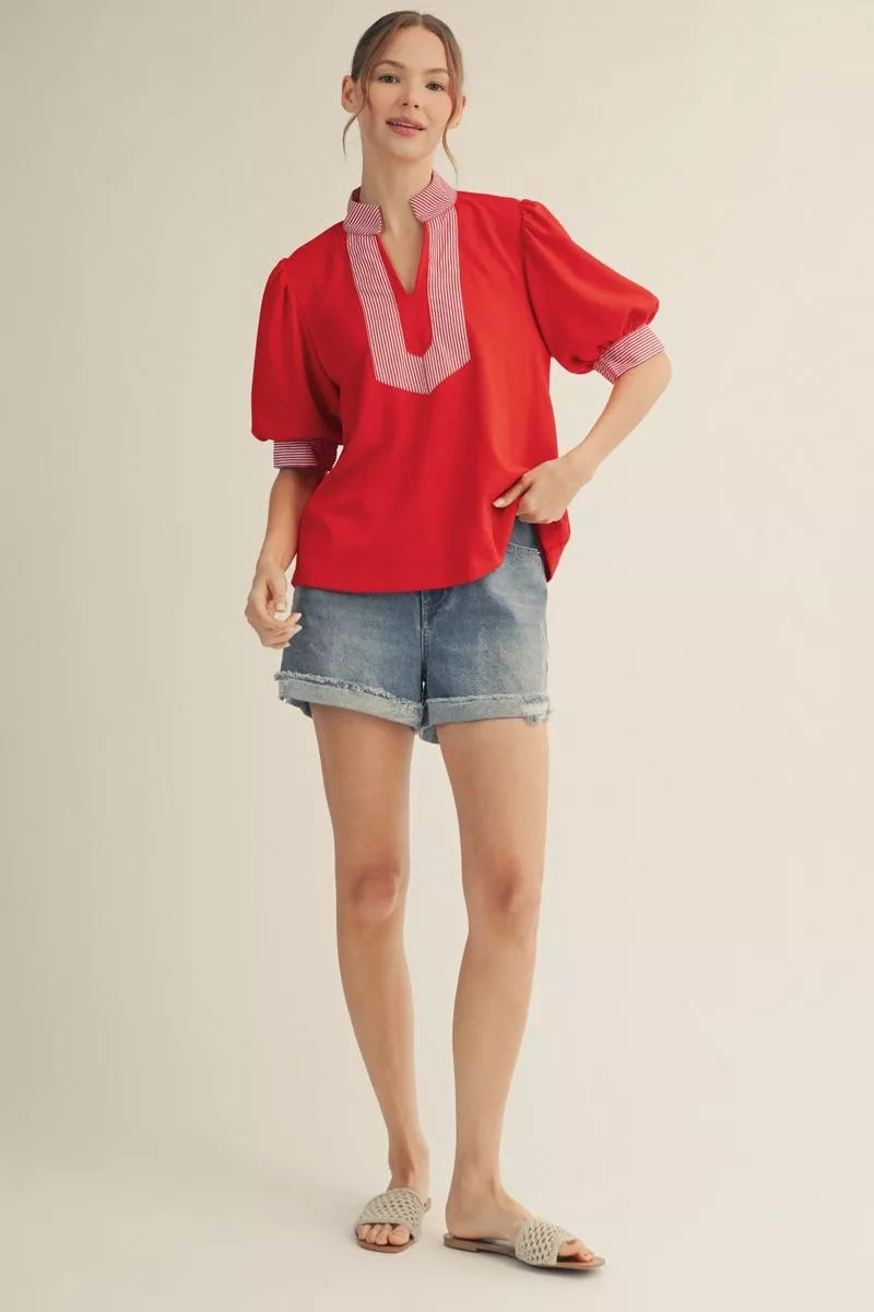 Red Striped Contrast Top