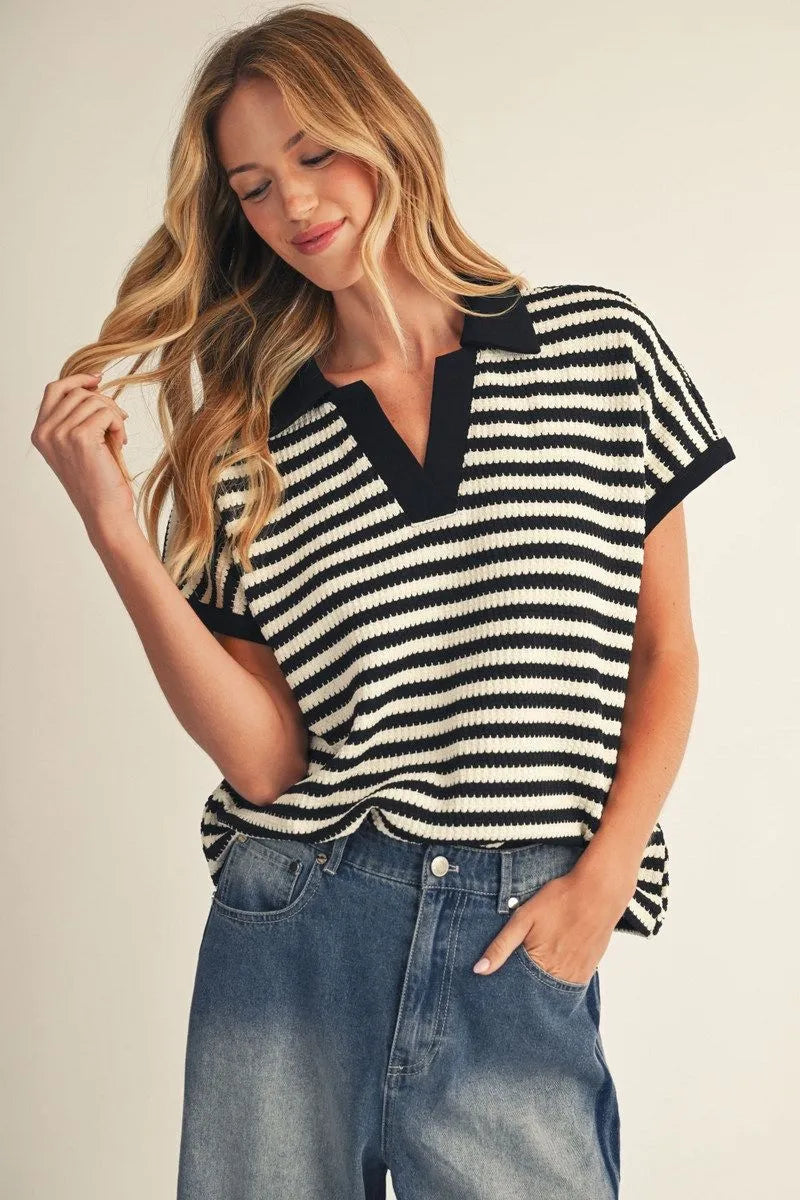 Textured Striped V-Neck Top