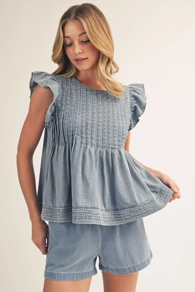 Denim Pleated Top