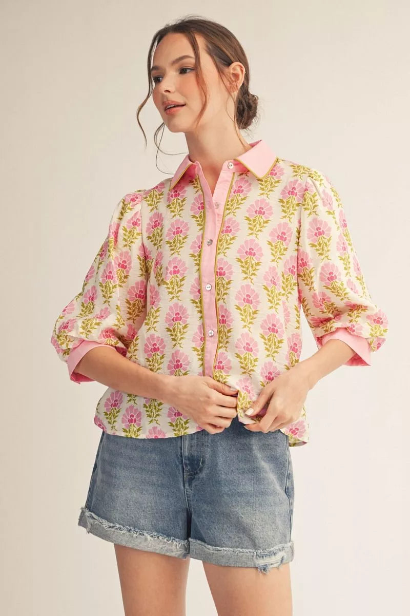 Pink Floral Pipping Top