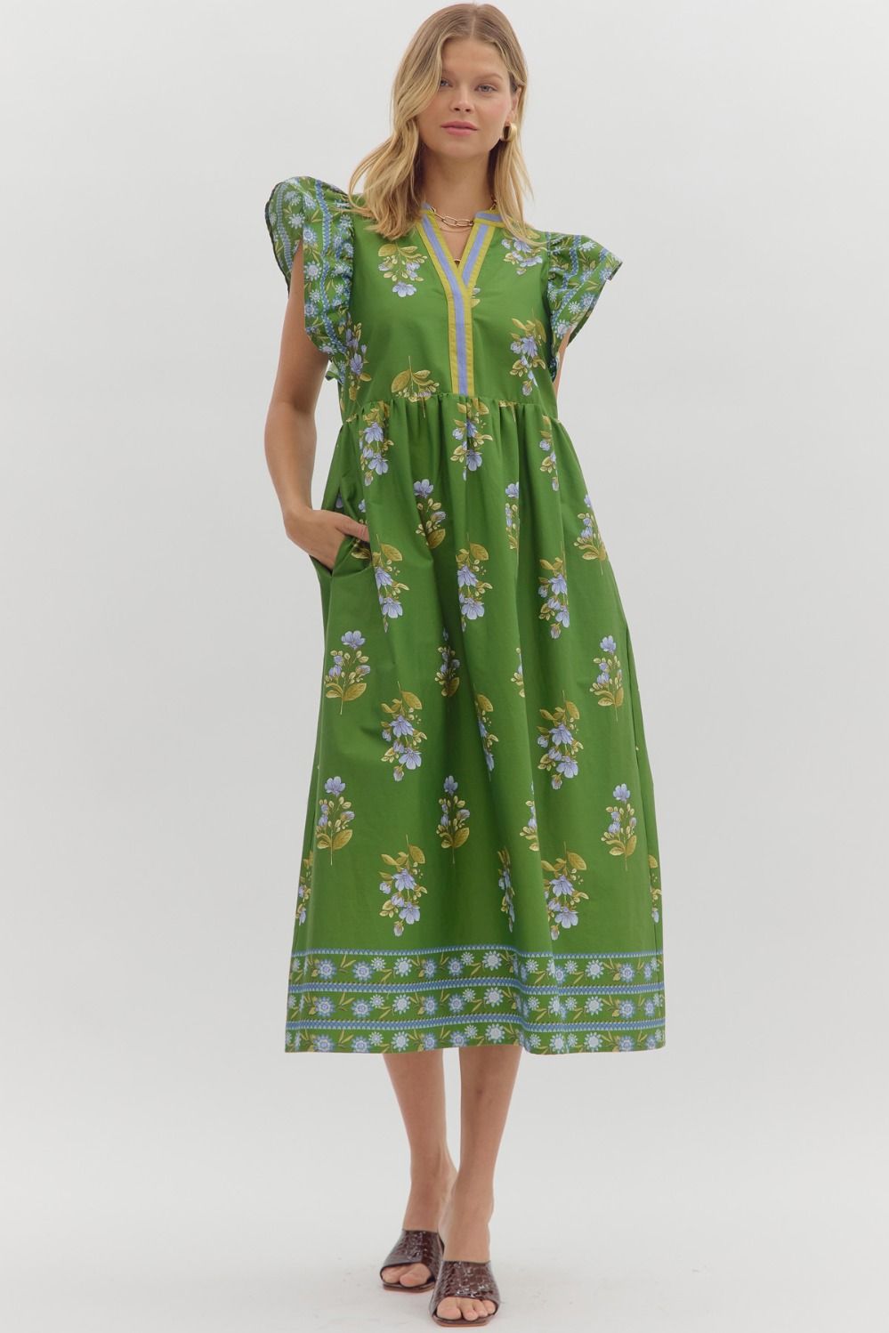 Green Floral Flutter Dress