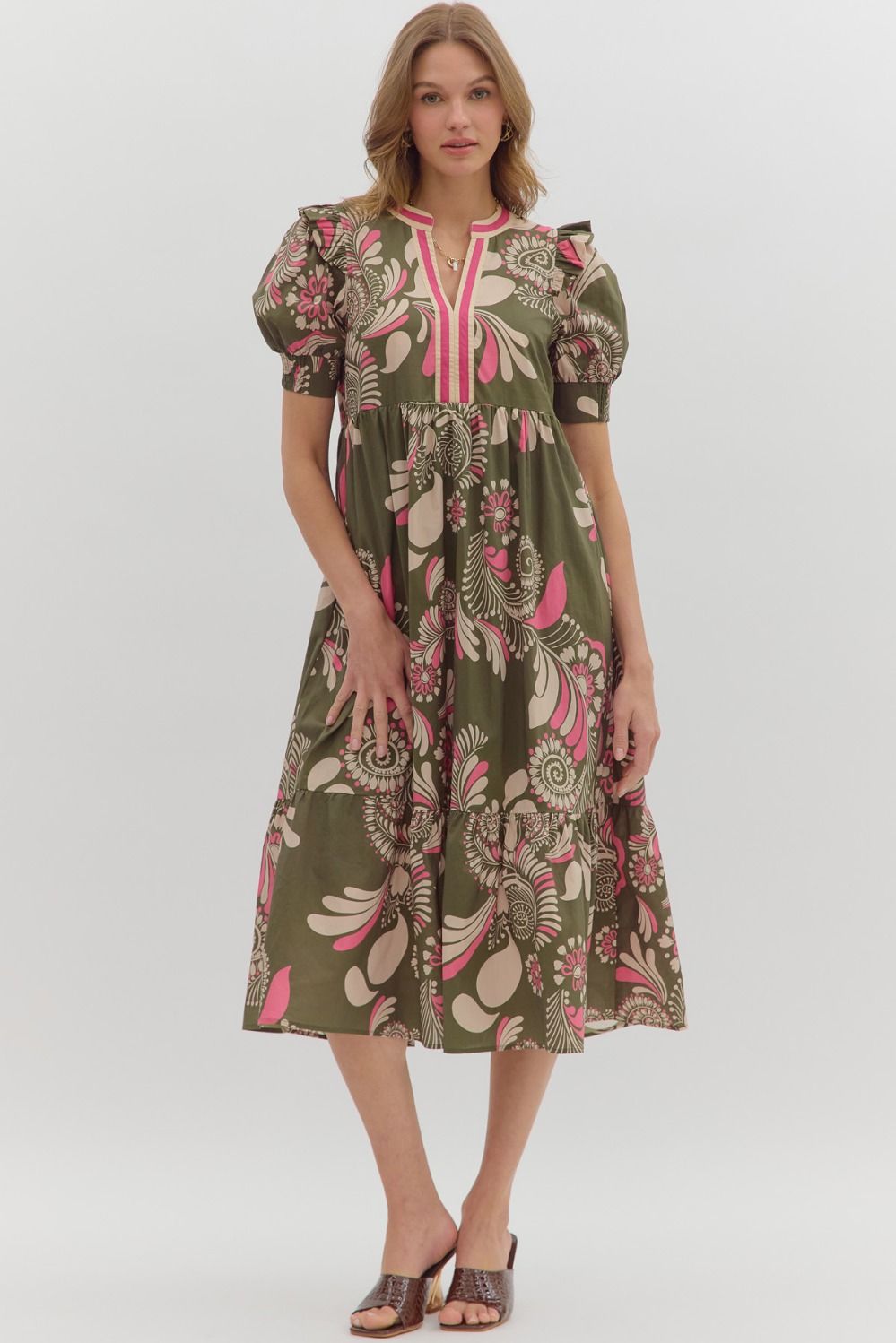 Olive Paisley Midi Dress