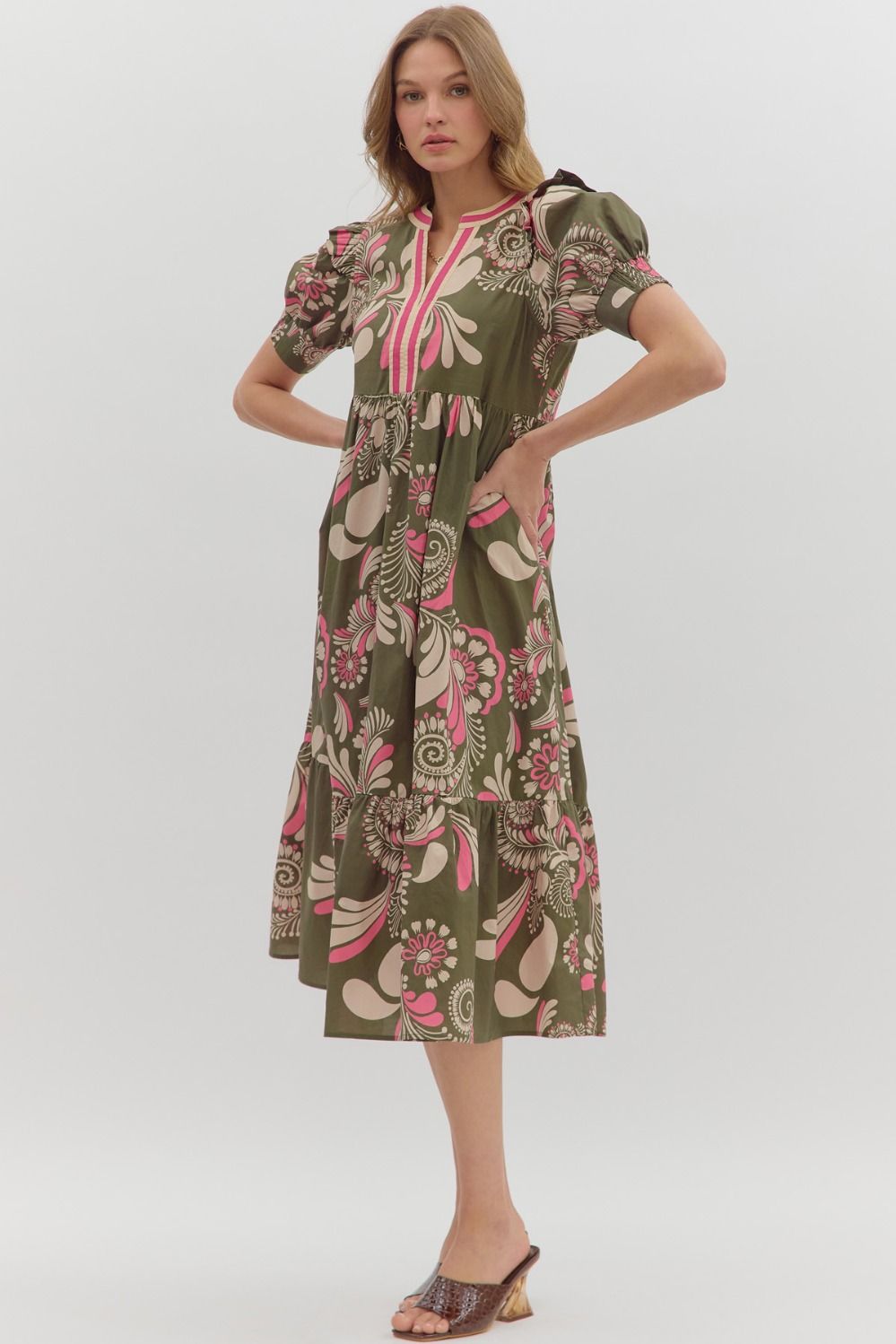 Olive Paisley Midi Dress