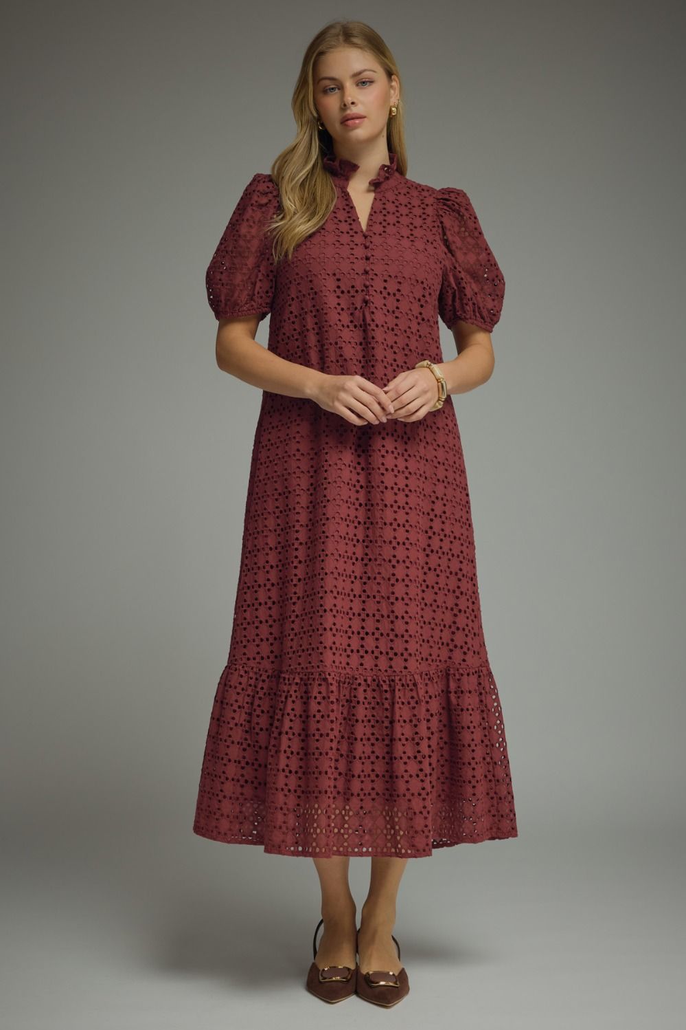 Burgundy Eyelet Puff Sleeve Dress