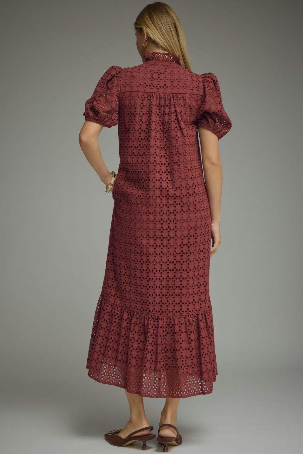 Burgundy Eyelet Puff Sleeve Dress