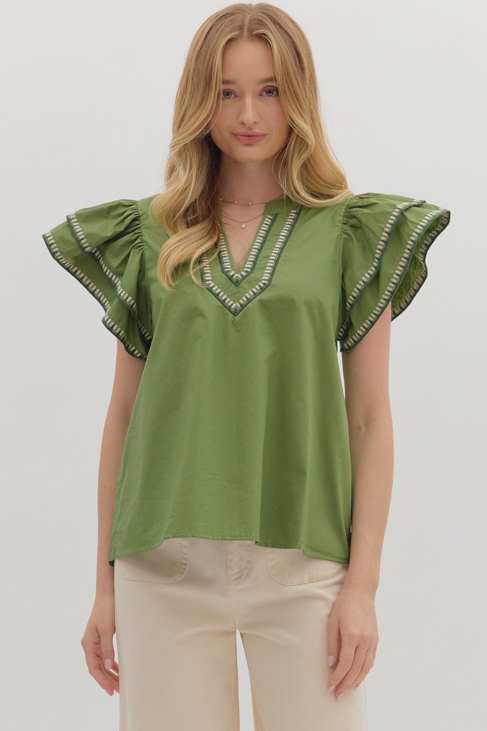 Olive Embroidered Ruffle Top