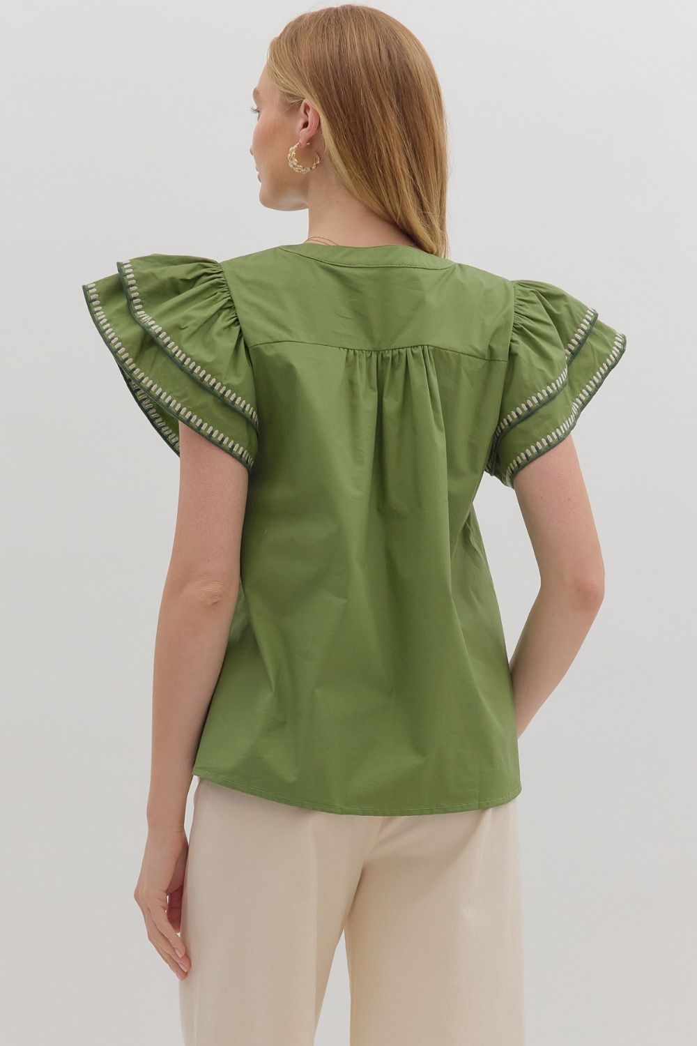 Olive Embroidered Ruffle Top