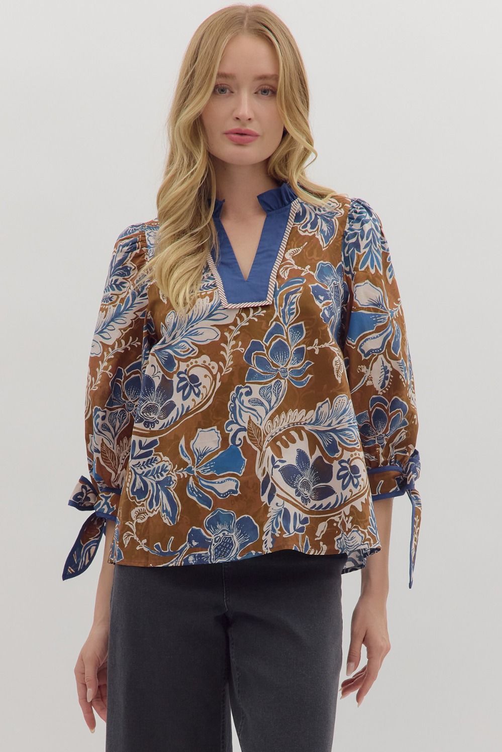 Brown Floral Tie Sleeves Top