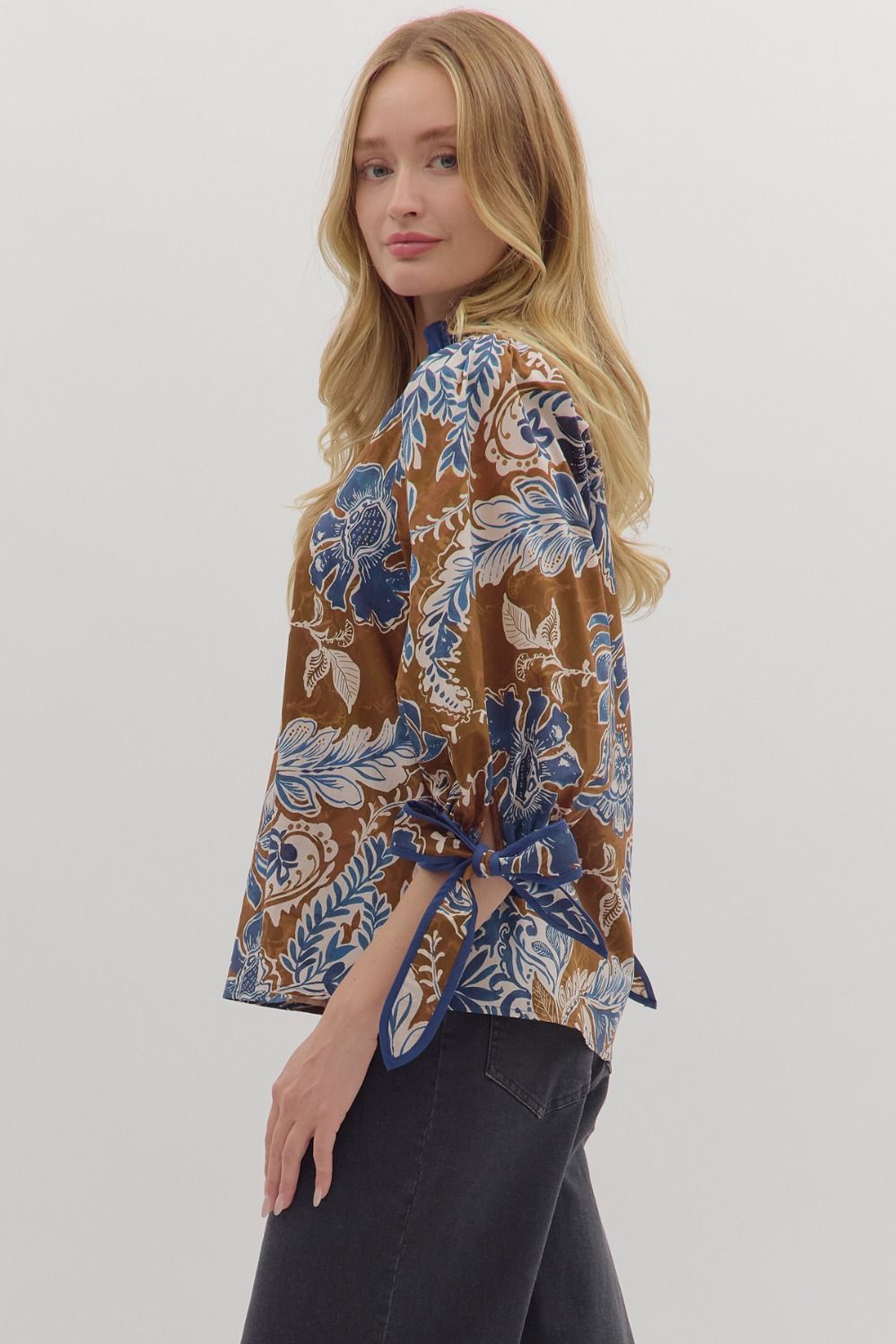 Brown Floral Tie Sleeves Top
