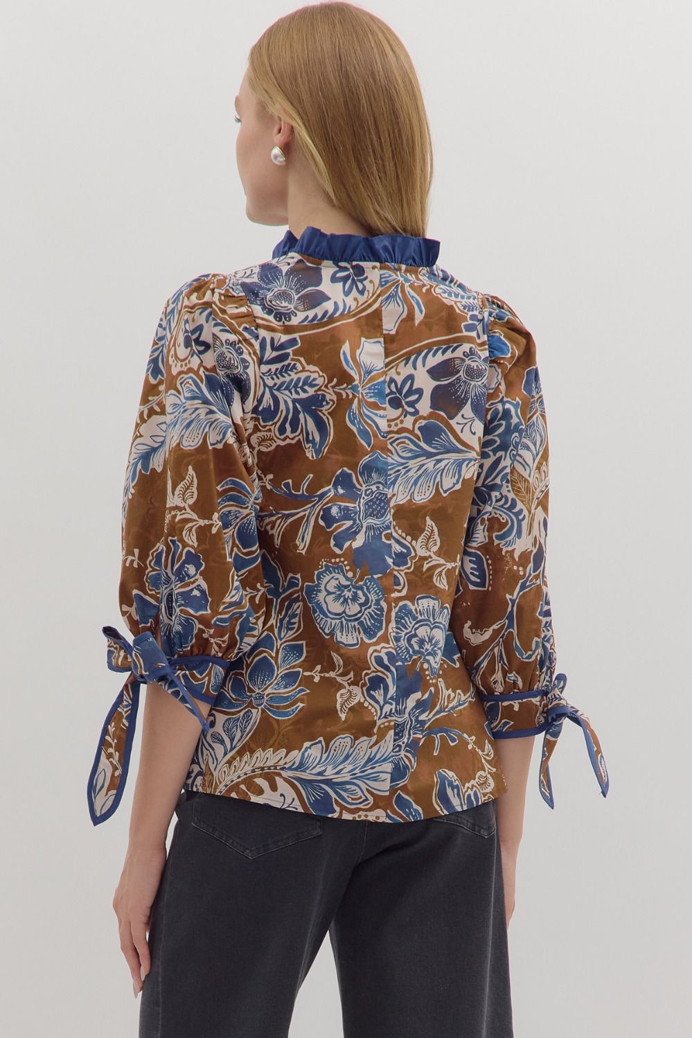 Brown Floral Tie Sleeves Top