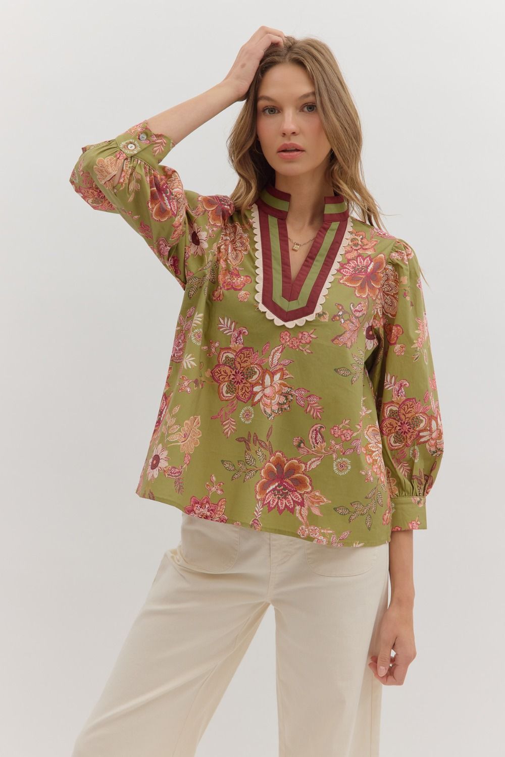 Olive Scallop Botanical Top