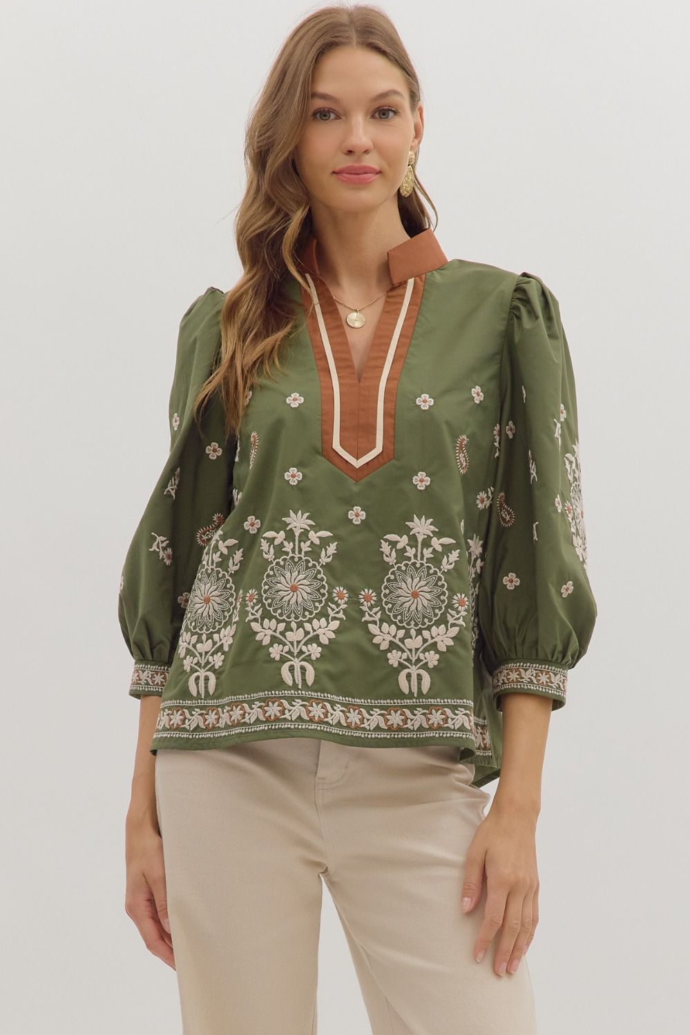 Olive Embroidered Top