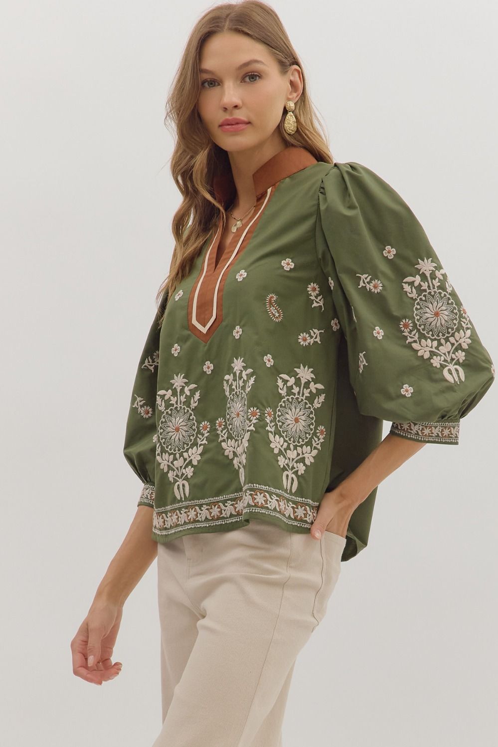 Olive Embroidered Top